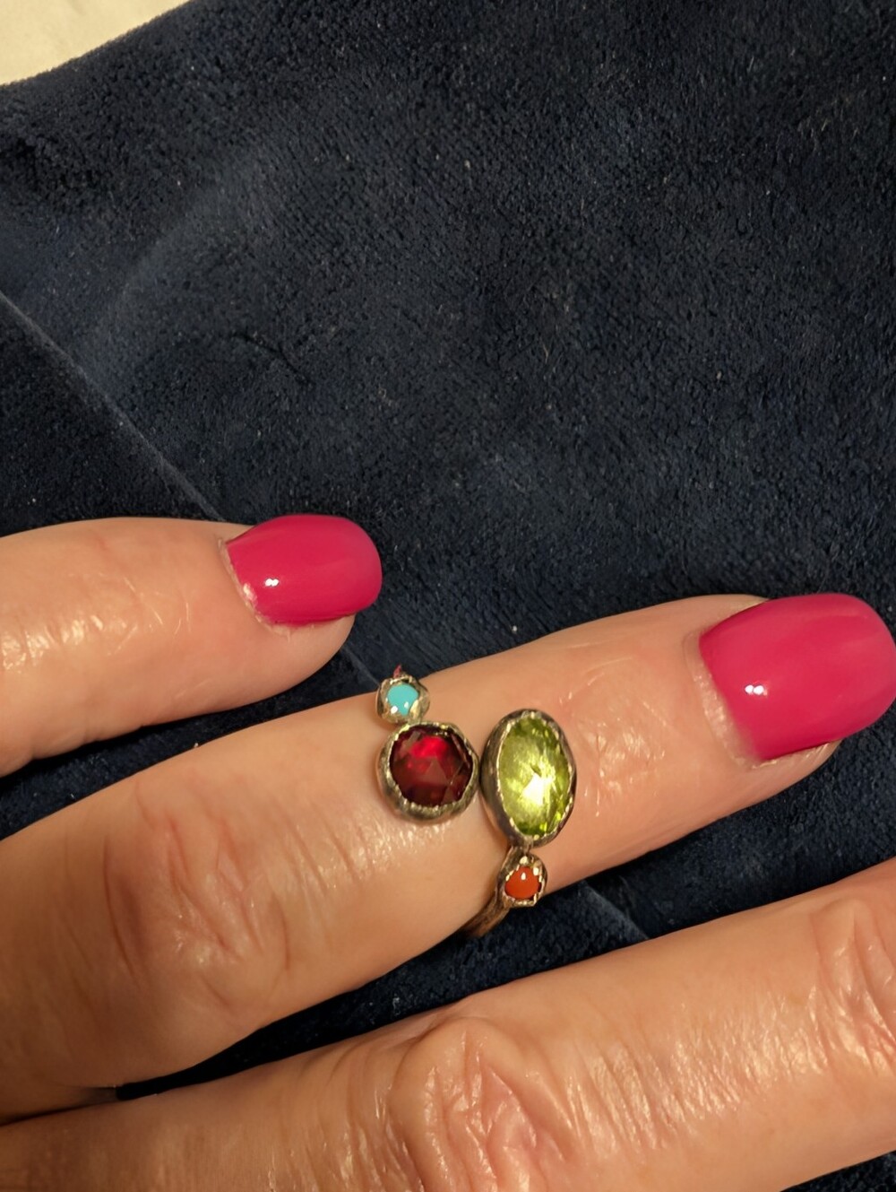 Vintage Sterling Adj Ring with Peridot, Garnet, Turquoise & Coral Gemstones